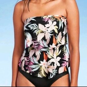 Floral Strapless Black Tankini Top - Multicolor Leaf Print